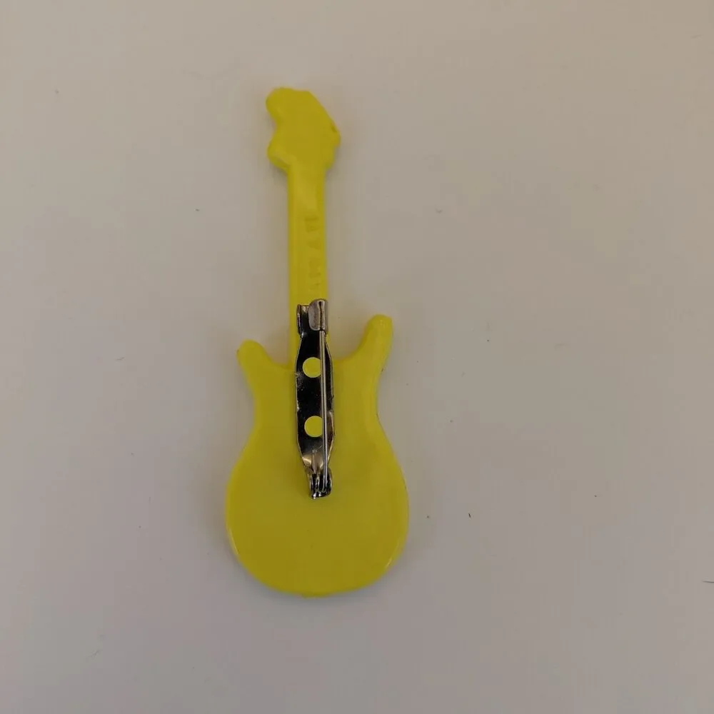 Vintage 80s Guitar Brooch Neon Yellow Plastic Taiwan Pop Art